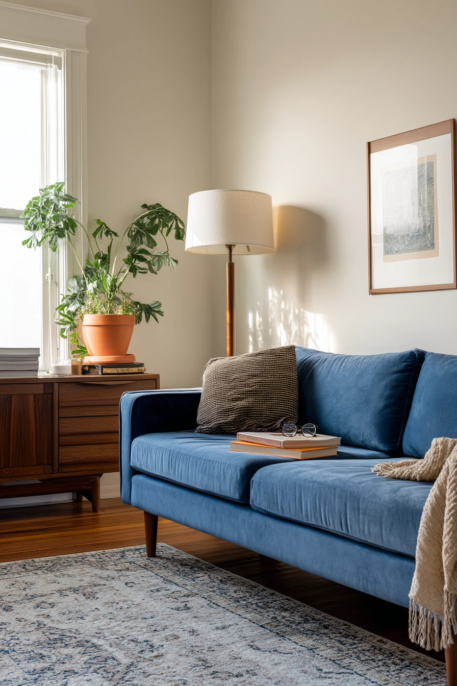 blue couch living room ideas 34